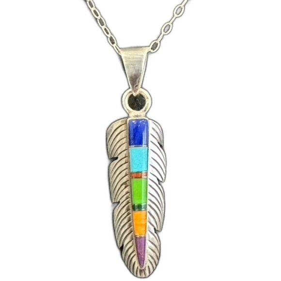 Rainbow Yei Feather Inlaid Stone Pendant & Sterling Silver Chain 16" - Picture 1 of 6